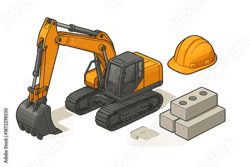 Construction site tools displayed with an excavator, building blocks, and a safety helmet for work preparation