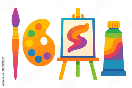 Creative tools for painting with brush, palette, easel, and paint tube set on a white background