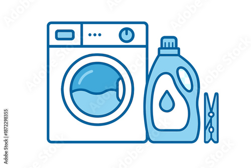Washing machine with detergent bottle and clothespin near laundry area in home setting during daytime hours