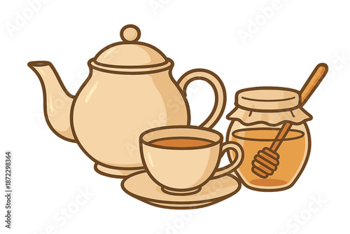 Hot tea served with honey in a jar and cup on a plain background for tea lovers and cozy moments