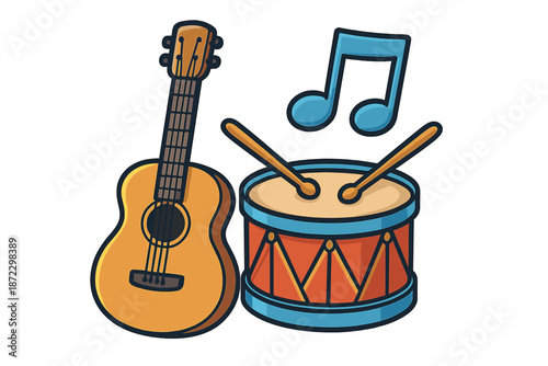 Musical instruments show harmony with guitar, drum, and notes creating a lively atmosphere during a fun gathering or event