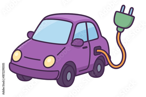 Electric car charging at a station with a green plug during daytime in a city setting