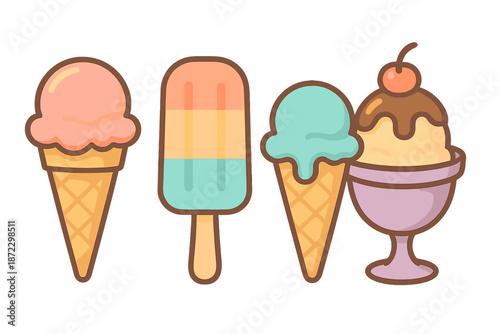 Different types of ice cream and popsicles displayed together in a simple style