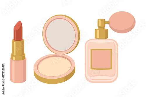 Various cosmetics are displayed including lipstick, powder compact, and spray perfume on a plain background