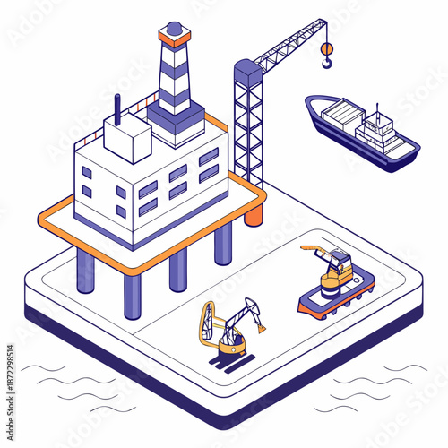 Advanced Offshore Floating Robotic Shipyard for Future Maritime Logistics and Automated Ship Maintenance, Smart Ocean Infrastructure Vector Art