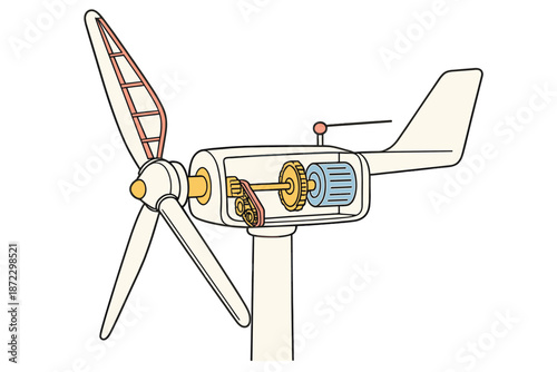 Details of a wind turbine showing the inner components and rotor system in a simple design for educational purposes