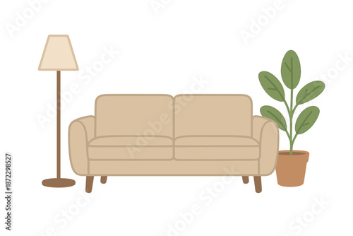 Simple living room setup with a couch, lamp, and indoor plant placed in a bright space