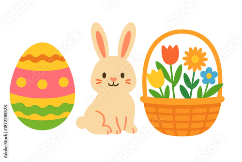 Cute bunny with colorful egg and flower basket in a spring-themed scene for Easter celebration