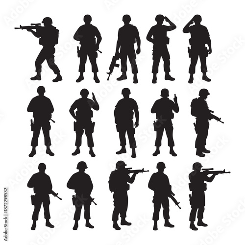 Silhouette collection depicting various poses of soldiers and military personnel