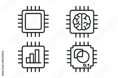 Multiple designs of computer chip symbols showing different functions and features related to computing and data visualization