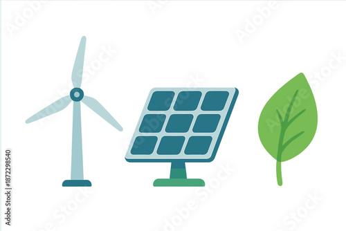 Renewable energy concepts shown with wind turbine, solar panel, and green leaf graphic in flat design style