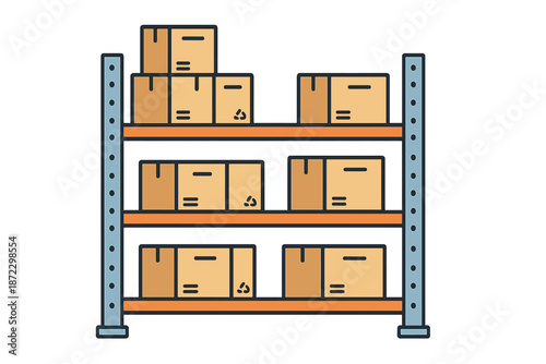 Shelves filled with boxes in a storage space during daylight hours showing an organized setup for items