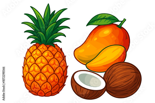 Fresh fruits displayed together including pineapple, mango, and coconut on a plain background during daytime