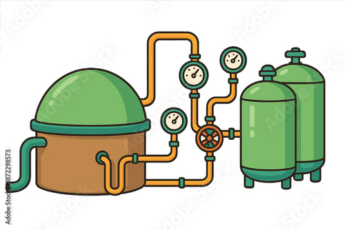 Equipment used in a facility for processing gases and liquids with various tanks and gauges visible in the setup