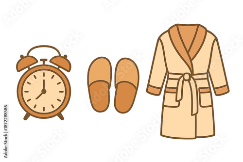 Items for morning routine with alarm clock, robe, and slippers for starting the day
