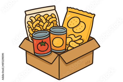 Food box with snacks and canned goods ready for donation in community program