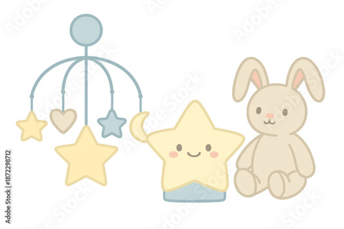 Toy mobile and plush bunny in soft colors for a nursery setting with simple designs for children