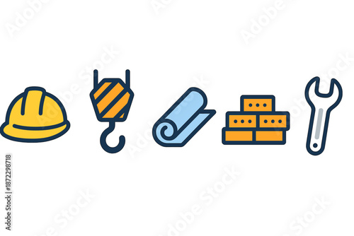 Construction tools and materials shown in a simple graphic for building projects and site operations, illustrating essential equipment and resources