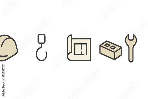 Construction tools and symbols are arranged in a simple line for easy understanding of building activities and tasks