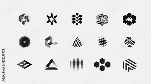 Abstract geometric shapes collection. Modern monochrome graphic design elements, minimal black and white vector icons, future tech logo set.