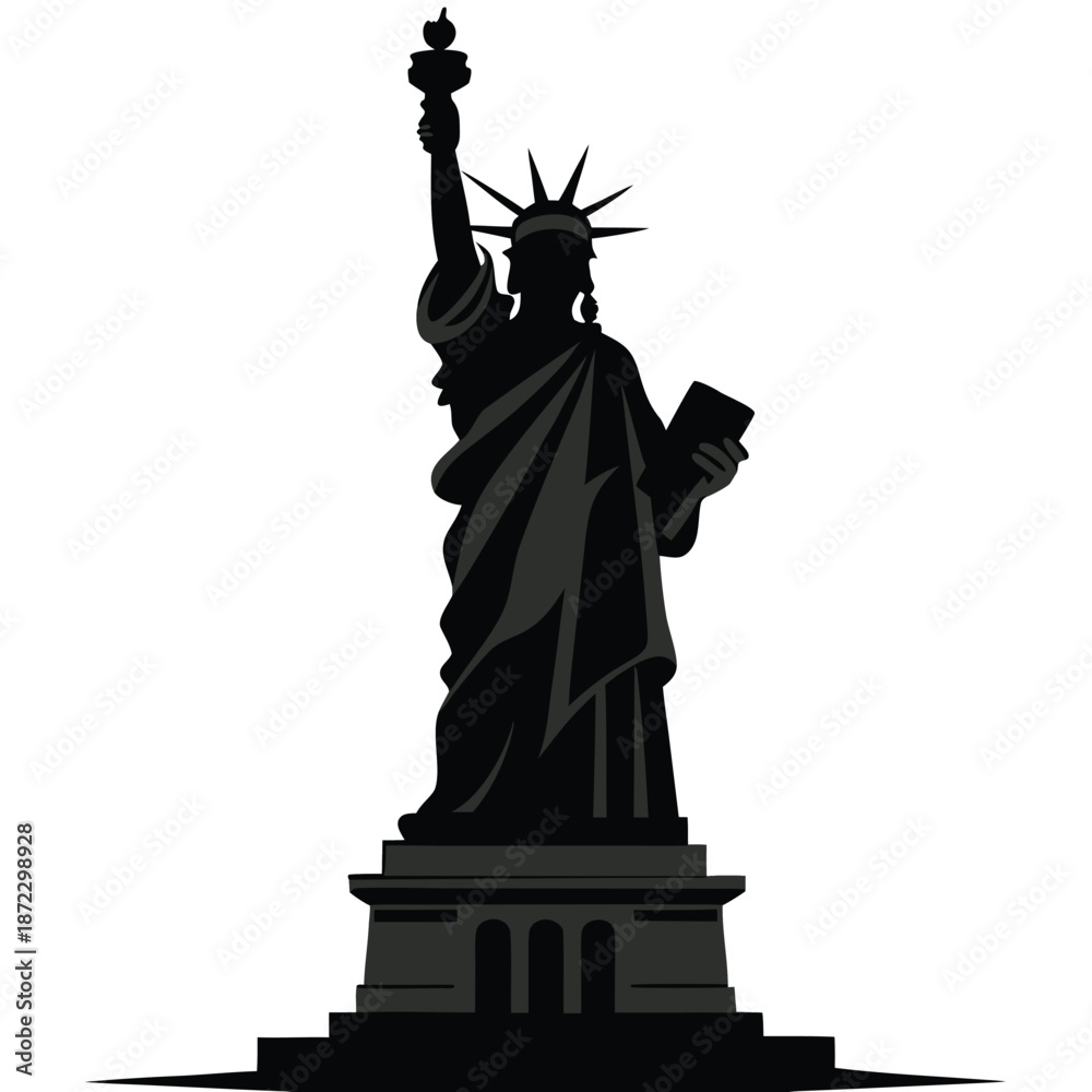 Fototapeta premium Black silhouette vector of the Statue of Liberty in New York City, iconic American landmark representing freedom and travel.