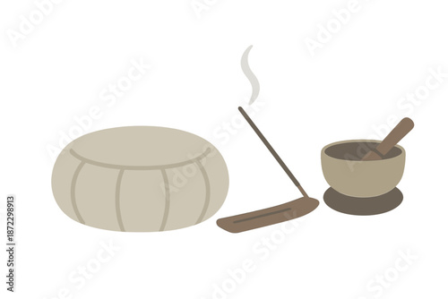 Incense burner, cushion, and bowl arranged on a flat surface during a quiet indoor moment in a simple setting