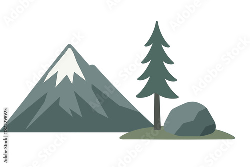 Mountain and tree scene with rock on grassy area in a simple design