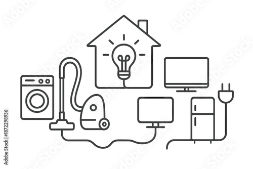 Household items in simple line drawing with focus on electricity and appliances for home use