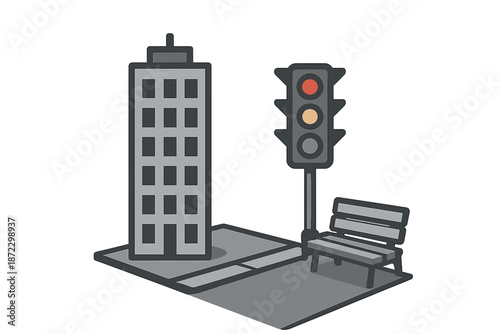 City scene with a tall building, traffic lights, and a bench near the sidewalk in an urban area during daytime