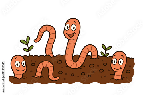 Worms play and interact in brown soil with small green plants around them in a cartoon scene during daylight