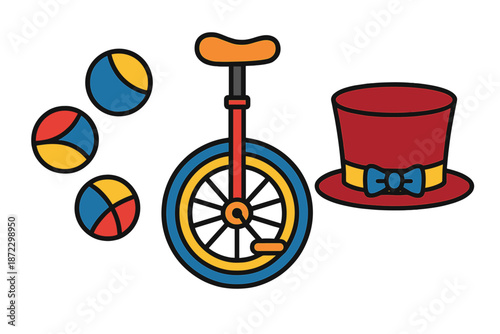 Circus props include a unicycle, juggling balls, and a top hat used in performances