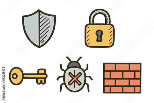 Icons showing elements of computer security including shield, lock, key, bug, and wall