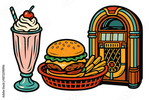 Classic diner scene with food and music elements including a burger, fries, milkshake, and jukebox