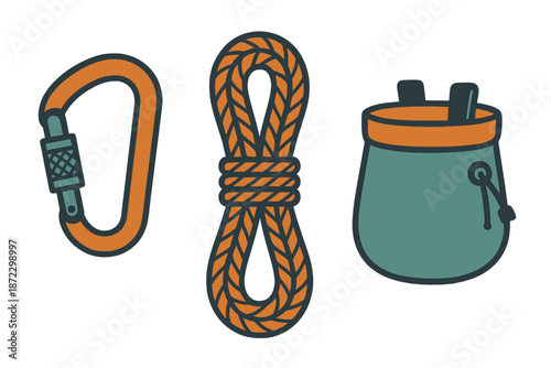 Climbing gear on display with carabiner, rope, and chalk bag showing common equipment for rock climbers and hikers