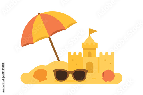 Building a sandcastle on the beach with an umbrella and sunglasses nearby during a sunny day