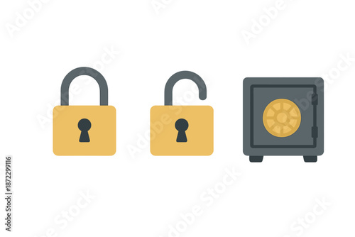 Symbol of security with locked and unlocked padlocks next to a safe in simple design