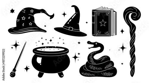 Vector Illustration of Fantasy Magic Elements Set: Wizard Hats, Bubbling Cauldron, Spellbook, Wand, Snake, and Mystical Staff Silhouettes