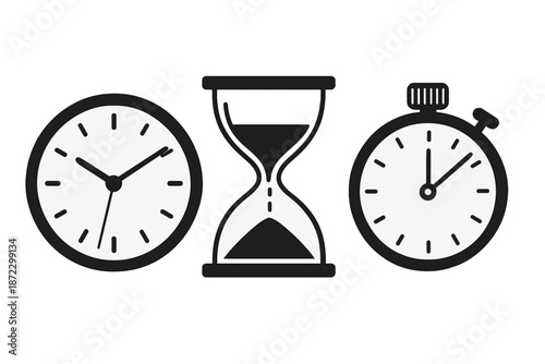 Three time measurement tools showing a clock, hourglass, and stopwatch side by side