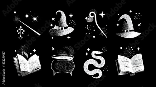 Mystical magic and witchcraft elements set. Fantasy wizardry and sorcery symbols with spellbook, wand, cauldron, and witch hats.