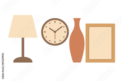 Decor items placed on a table with a lamp, clock, vase, and picture frame in a simple arrangement