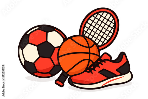 Sports equipment including soccer ball, basketball, tennis racket, and running shoe on a white background