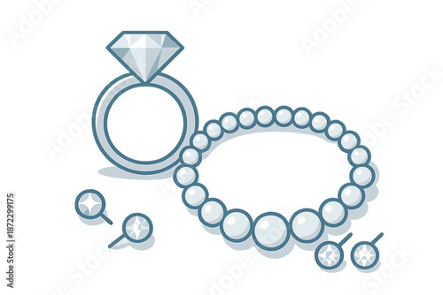 Jewelry display featuring a diamond ring and a pearl necklace with earrings arranged on a flat surface