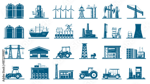 Industrial and Agricultural Vector Icons Set. Factory, Farm, Energy, Construction, and Transport Infrastructure Elements Collection.