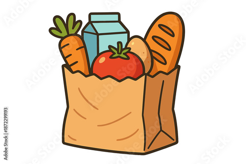 Grocery bag with fresh food items like vegetables and bread at a kitchen table