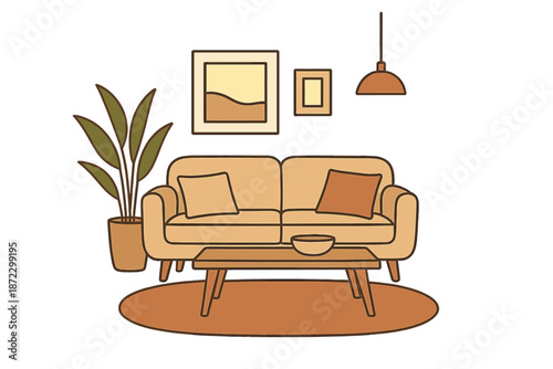 Simple living room scene with a sofa, coffee table, plant, and wall art in a cozy setting