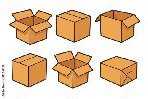 Different types of open cardboard boxes arranged in various positions on a plain background