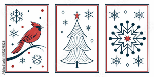 Cuadro en lienzo Triple vertical christmas panels featuring red cardinal bird stylized winter pin