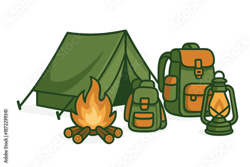 Outdoor camping setup with tent, backpacks, campfire, and lantern in a natural setting