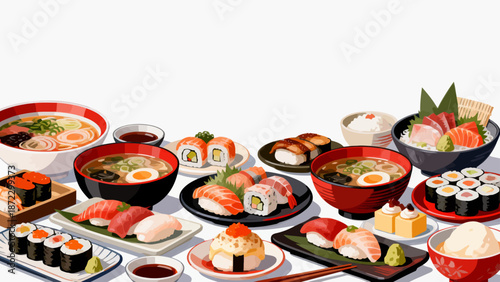 Japanese cuisine spread with sushi and noodles