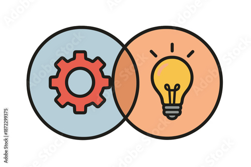 Illustration showing the connection between technology and ideas with a gear and a light bulb overlapping in two circles